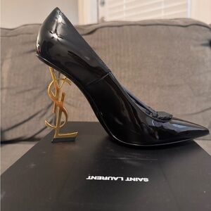Saint Laurent Black Patent Heels with Gold Logo